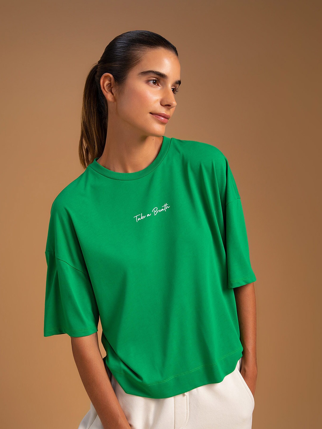 

DeFacto Women Green Drop-Shoulder Sleeves Regular T-shirt