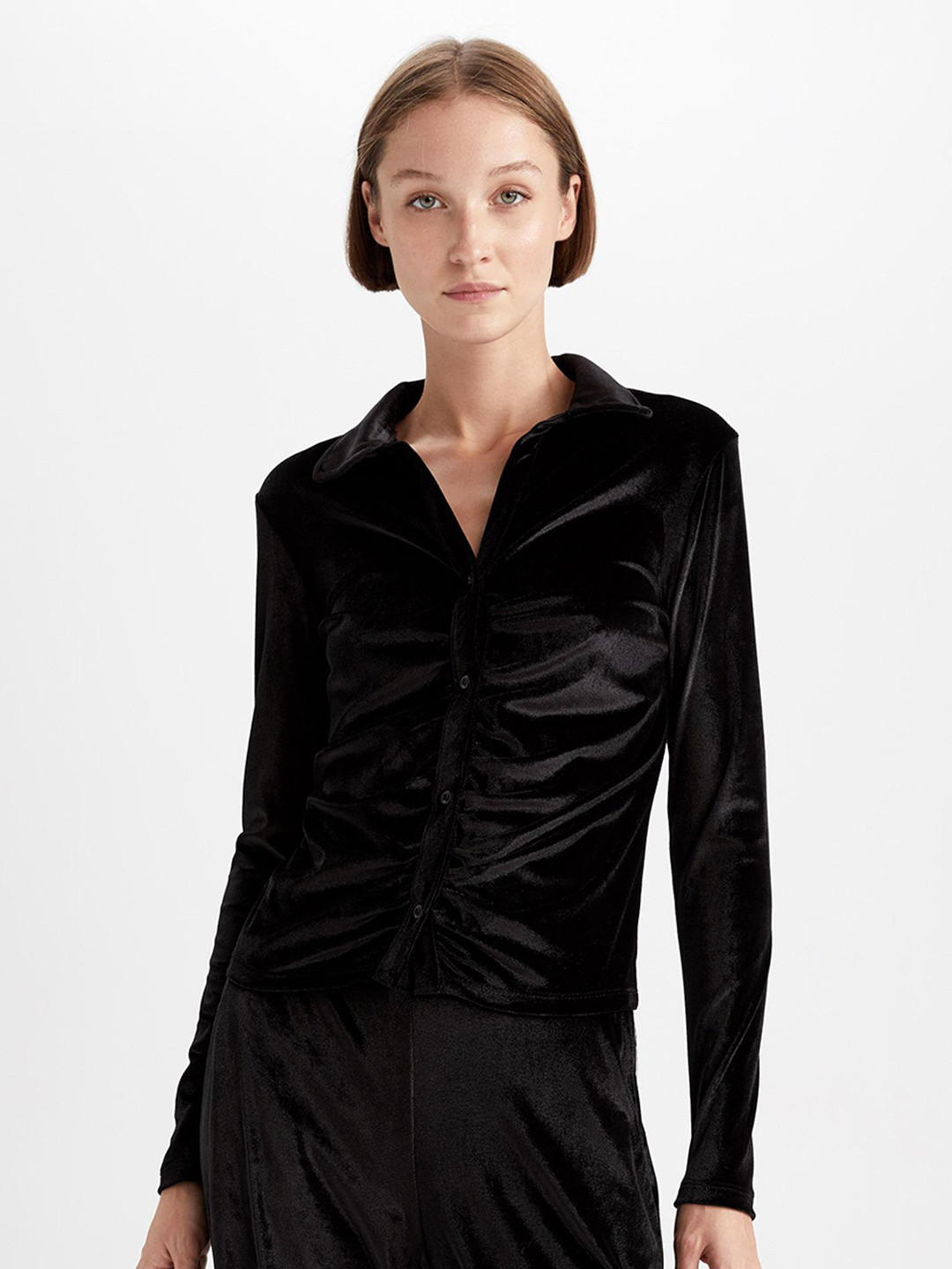 

DeFacto Women Black Striped Shirt Collar T-shirt