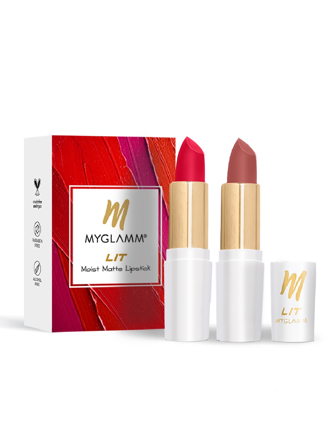 

MyGlamm Set Of 2 LIT Moist Matte Lipstick -Red Sensation - Pink Crush - 54gm