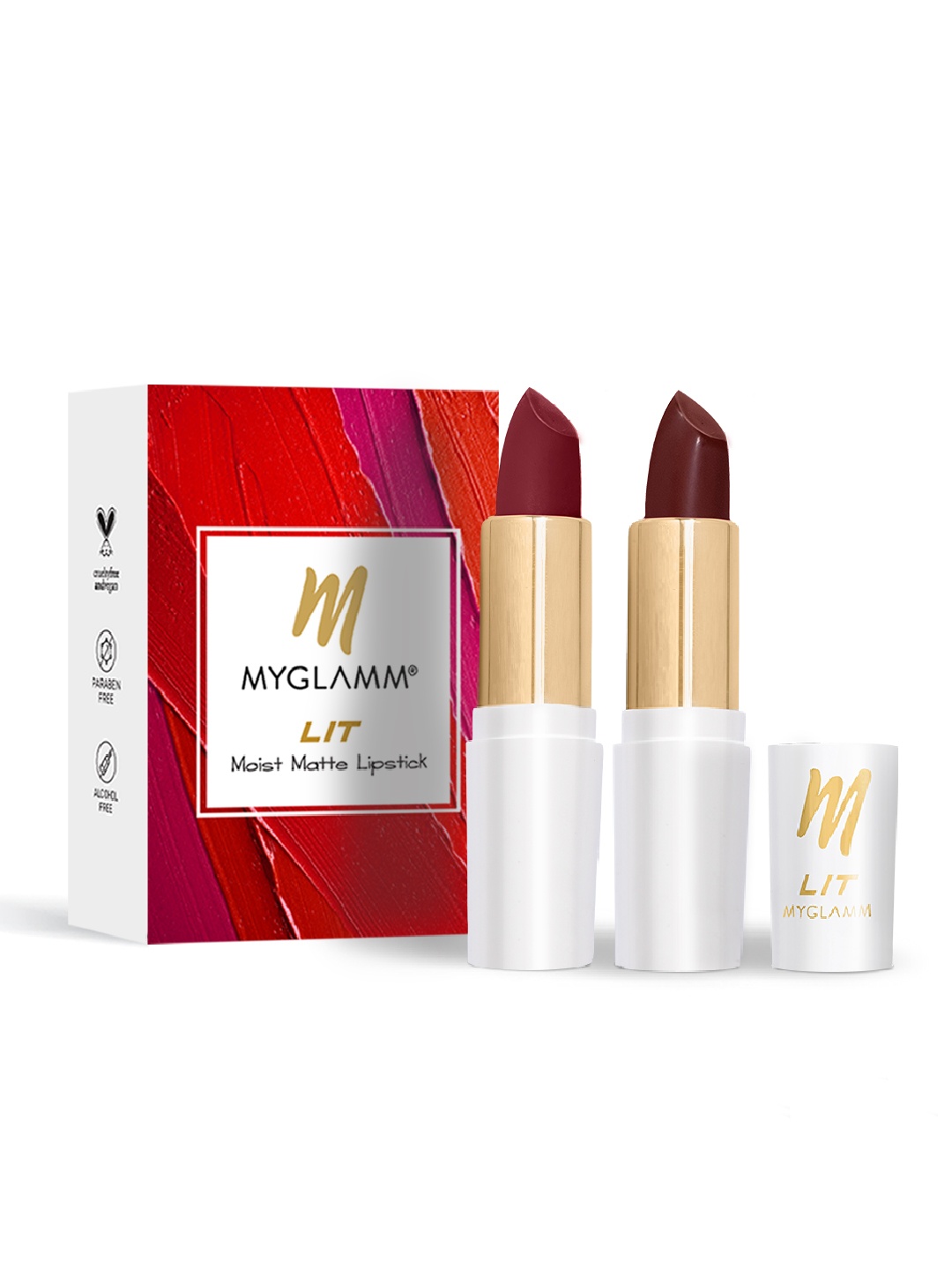 

MyGlamm Set Of 2 LIT Moist Matte Lipstick - Red Velvet - Brown Delight - 54gm