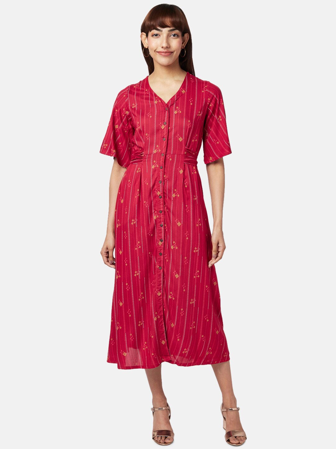 

AKKRITI BY PANTALOONS Women Red Floral A-Line Midi V-Neck Dress