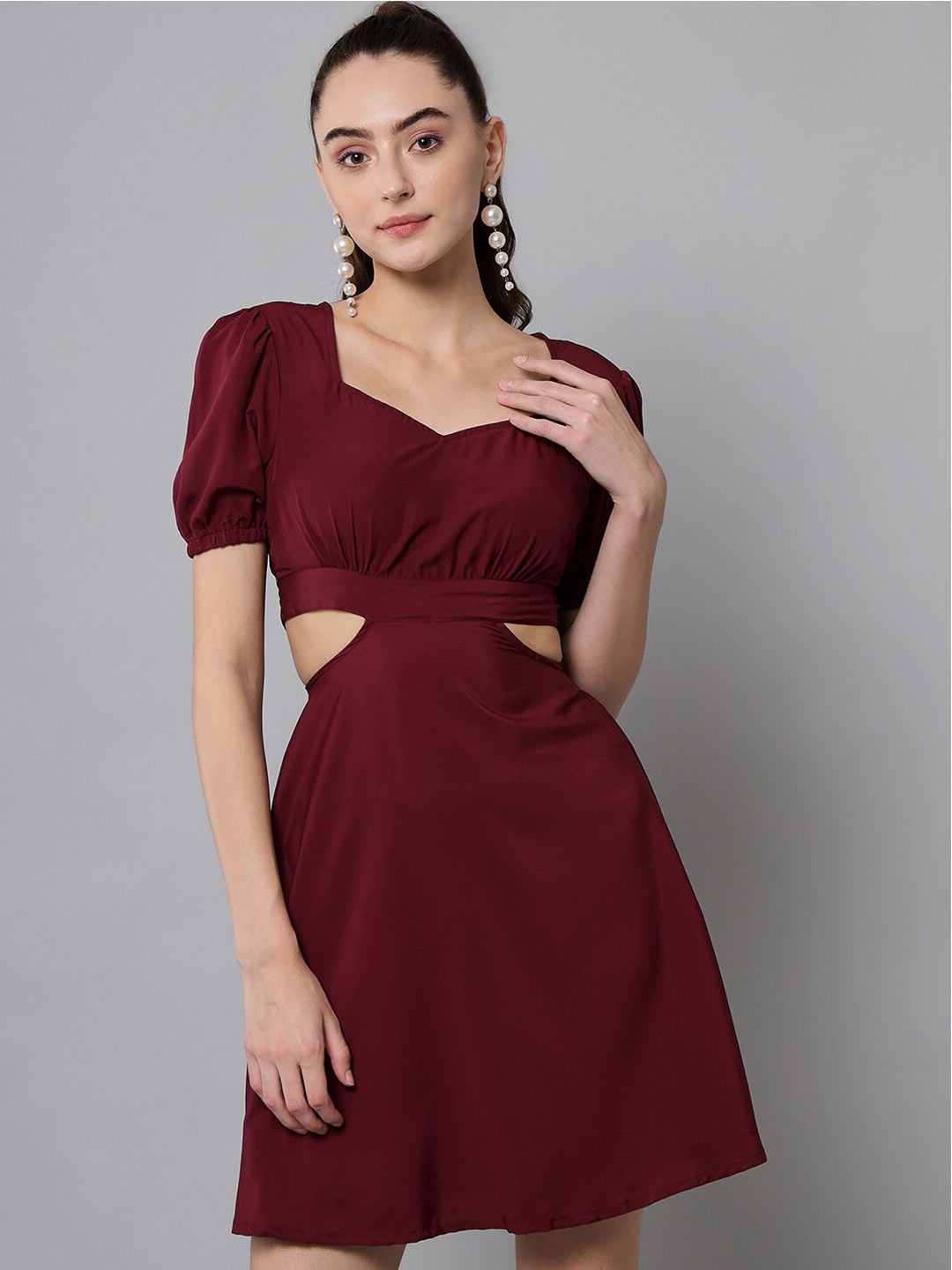 

emeros Puff Sleeves Fit and Flare Crepe Party Dress, Burgundy