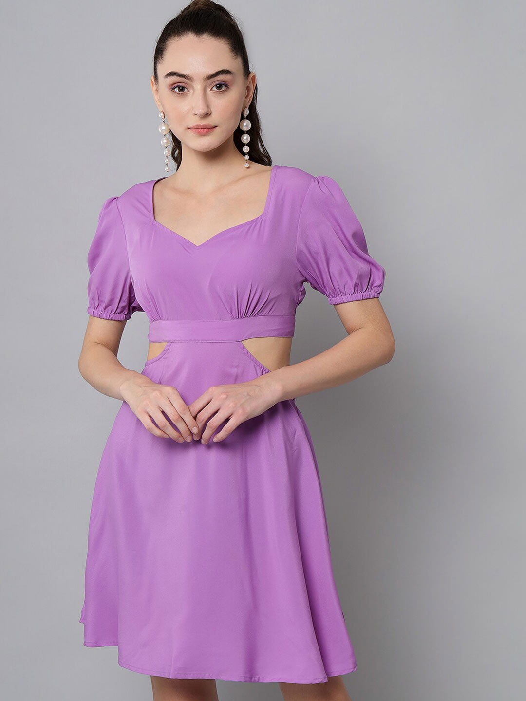 

emeros Puff Sleeves Fit and Flare V-Neck Crepe Dress, Lavender