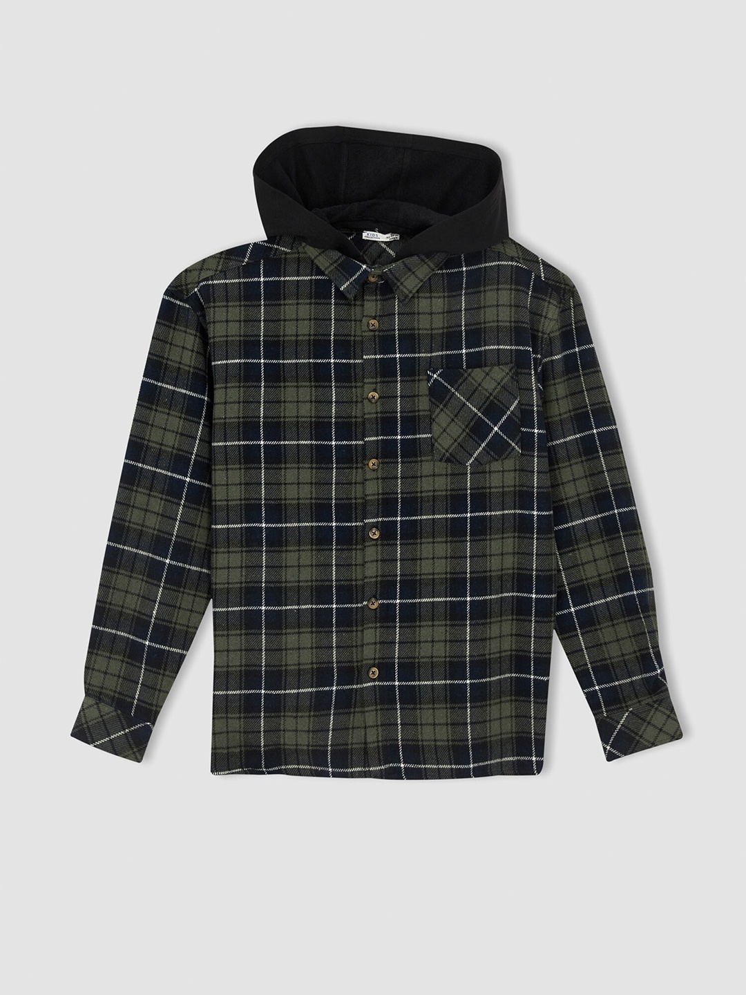 

DeFacto Boys Green & Black Tartan Checks Hooded Casual Shirt