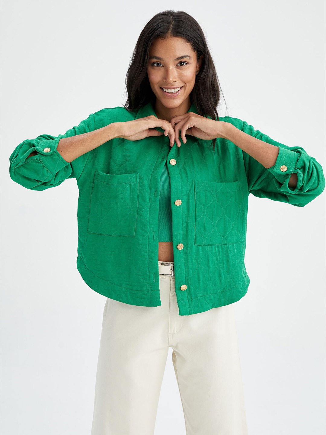 

DeFacto Women Green Casual Solid Shirt