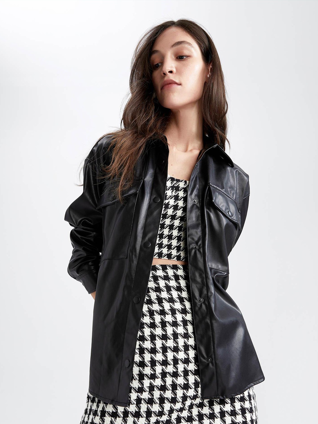 

DeFacto Women Black Longline Leather Jacket