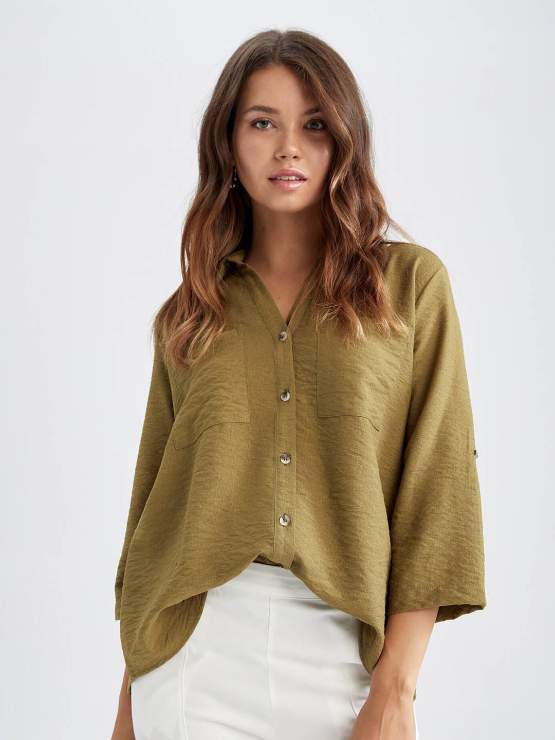 

DeFacto Three-Quarter Sleeves Casual Shirt, Olive