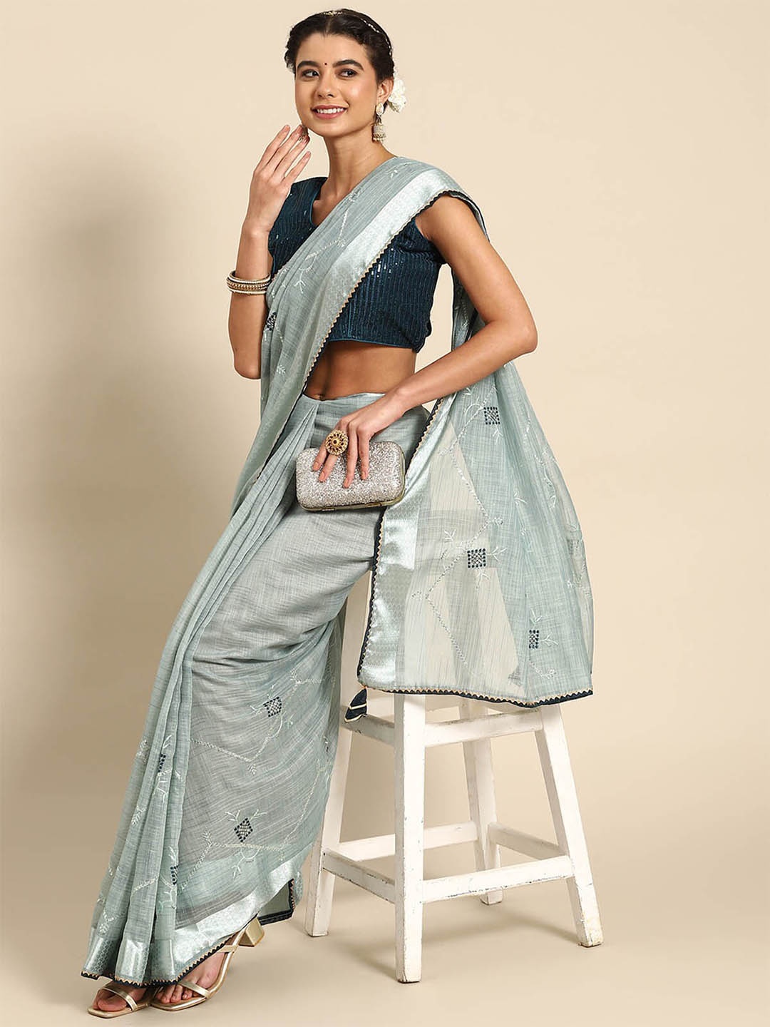 

ODETTE Grey & Blue Embroidered Sequinned Saree