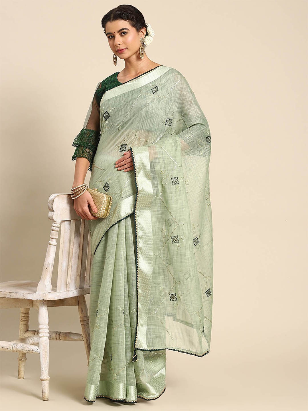 

ODETTE Green & Silver-Toned Sequinned Embroidered Saree