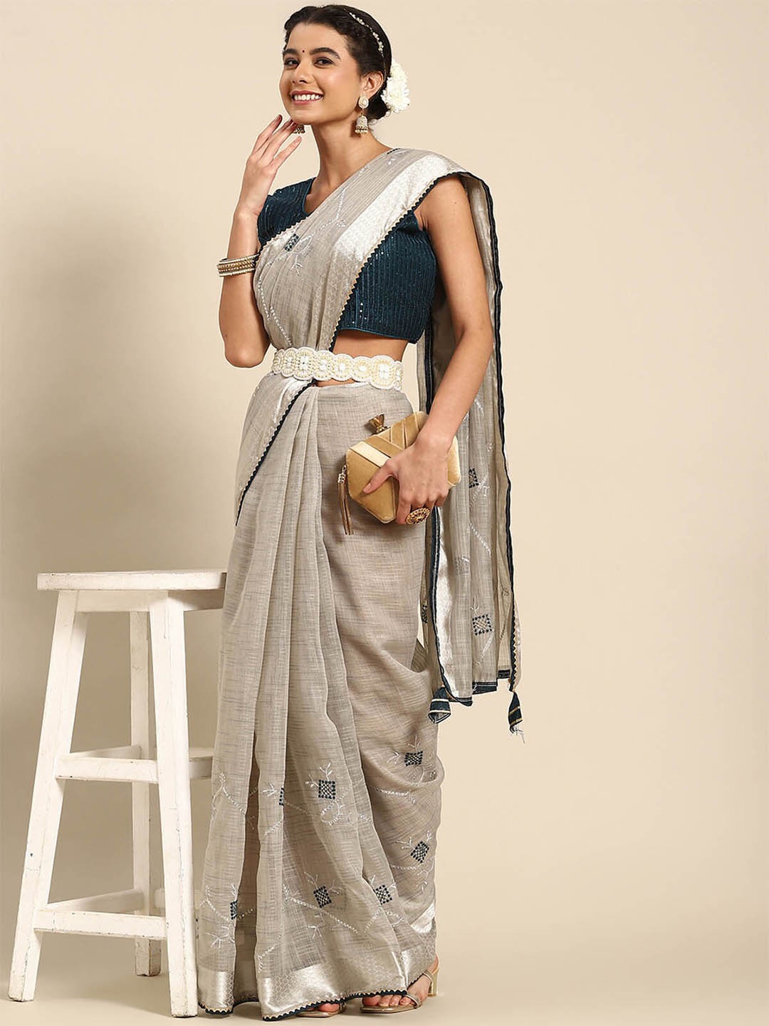 

ODETTE Grey & Blue Sequinned Embroidered Saree