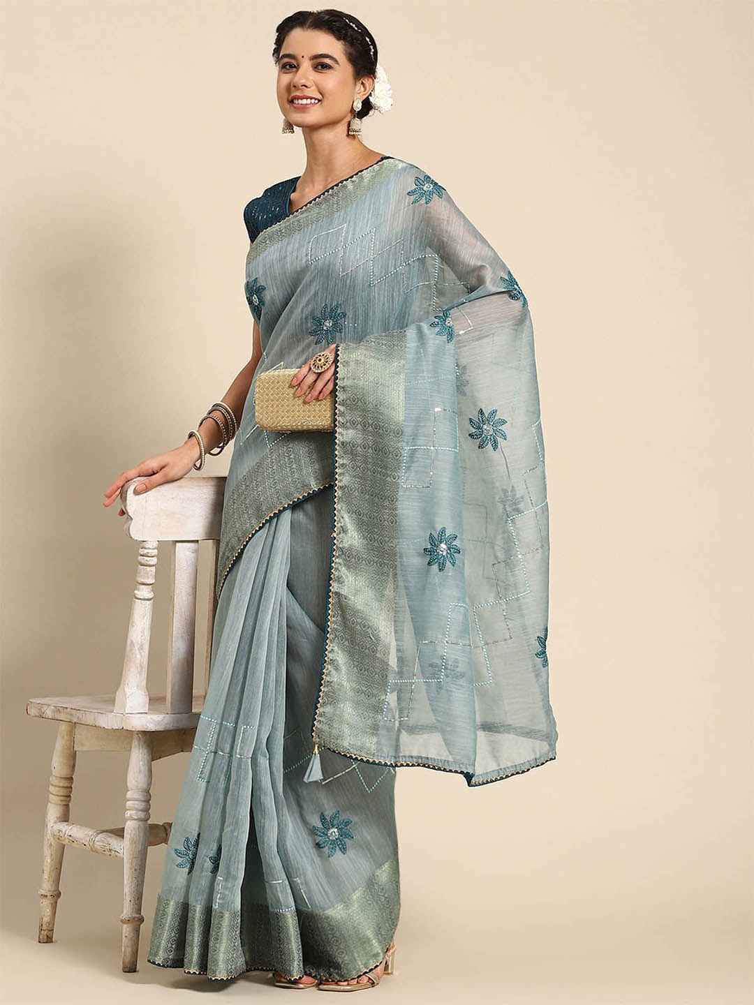 

ODETTE Grey & Blue Floral Sequinned Embroidered Saree