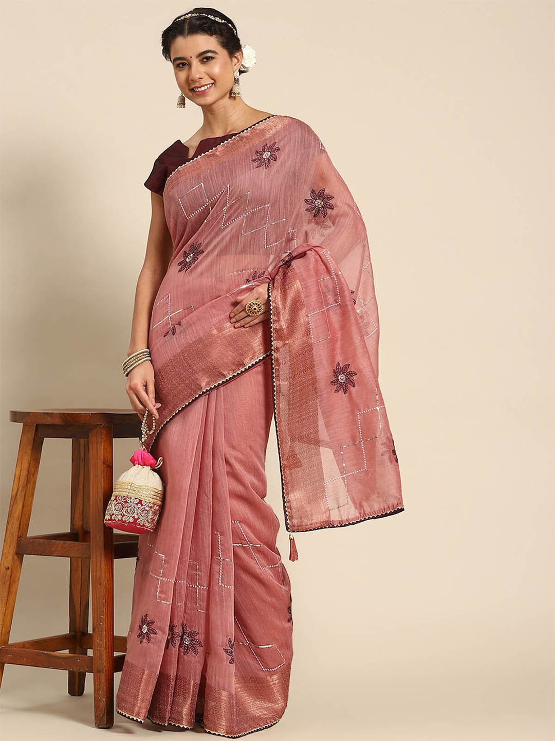 

ODETTE Pink Floral Sequinned Embroidered Saree