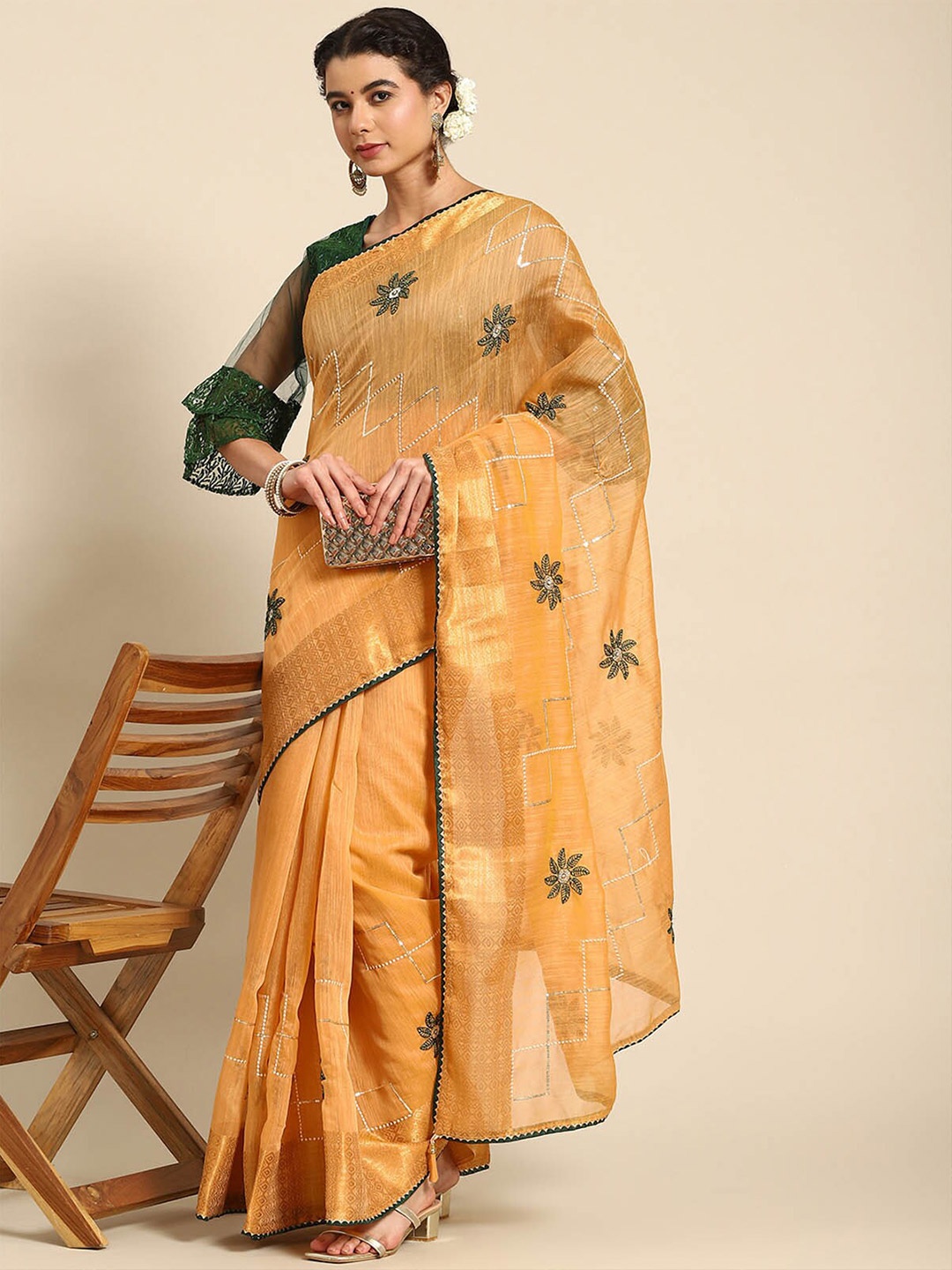 

ODETTE Orange & Green Floral Embroidered Saree
