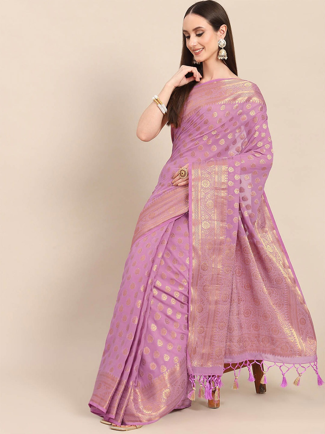 

ODETTE Pink & Gold-Toned Ethnic Motifs Zari Saree