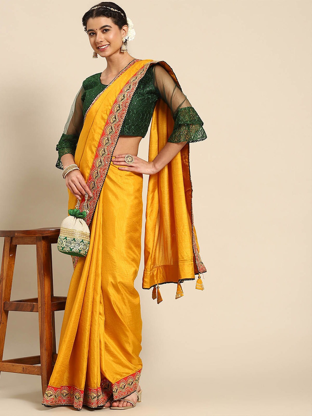 

ODETTE Mustard & Red Embroidered Saree