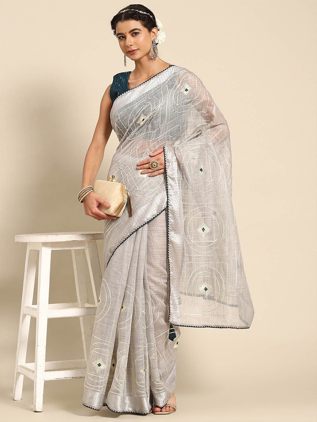 

ODETTE Grey & Navy Blue Embroidered Saree