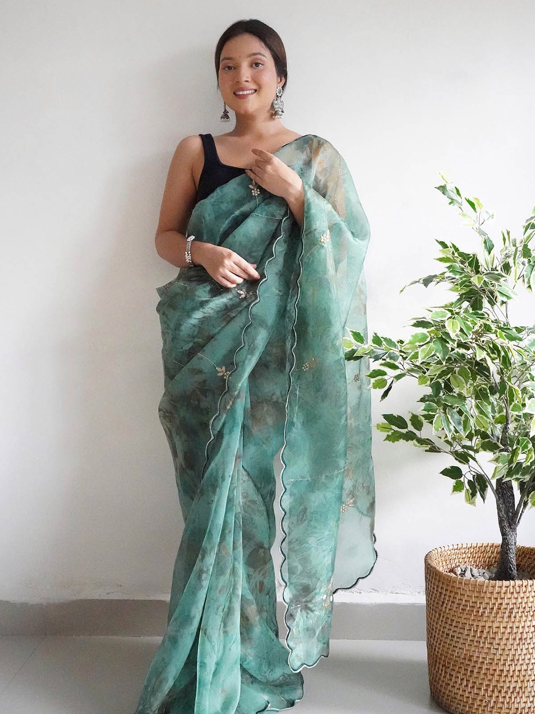 

ODETTE Teal Floral Organza Saree