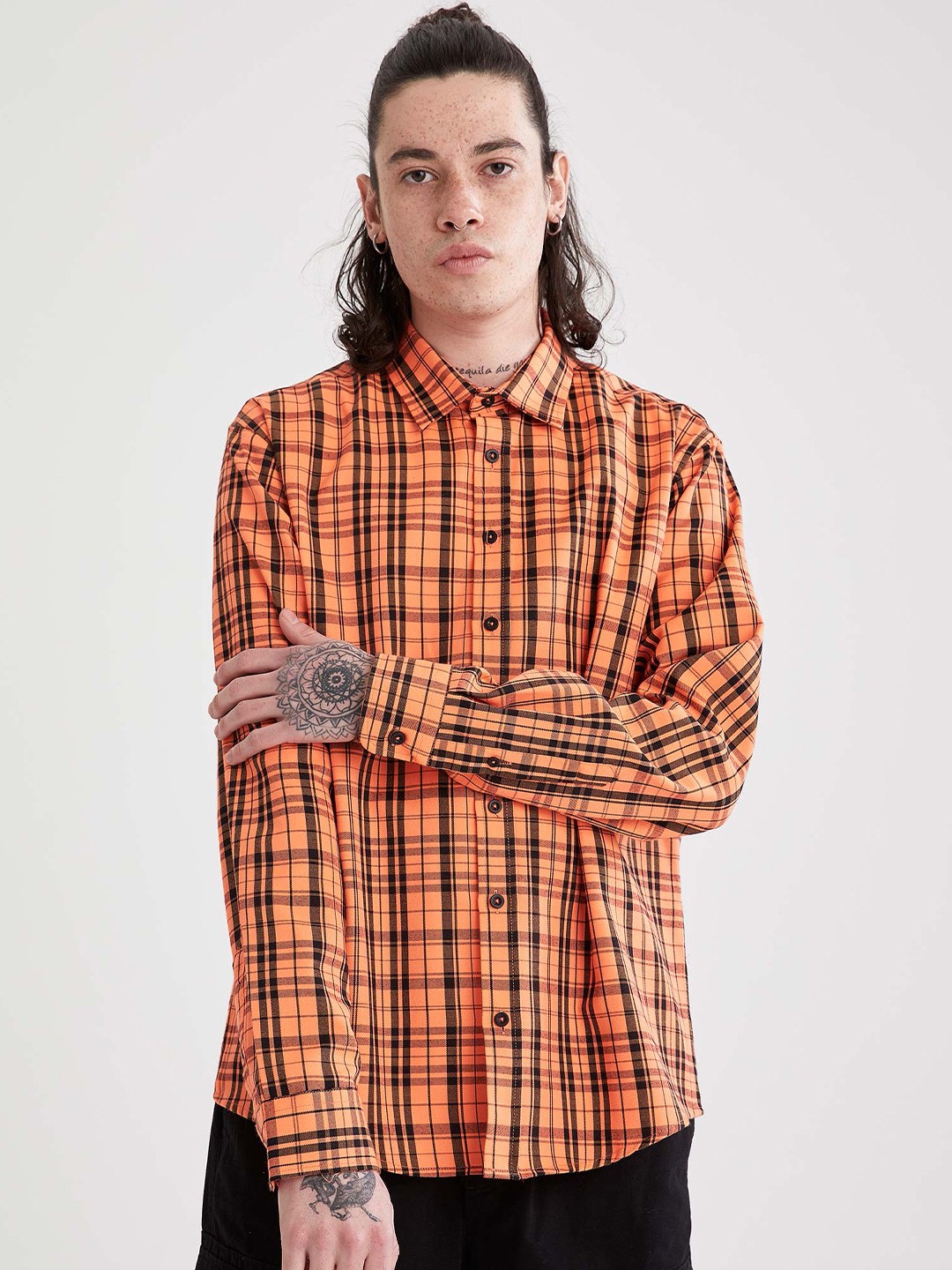 

DeFacto Men Orange Tartan Checked Casual Shirt