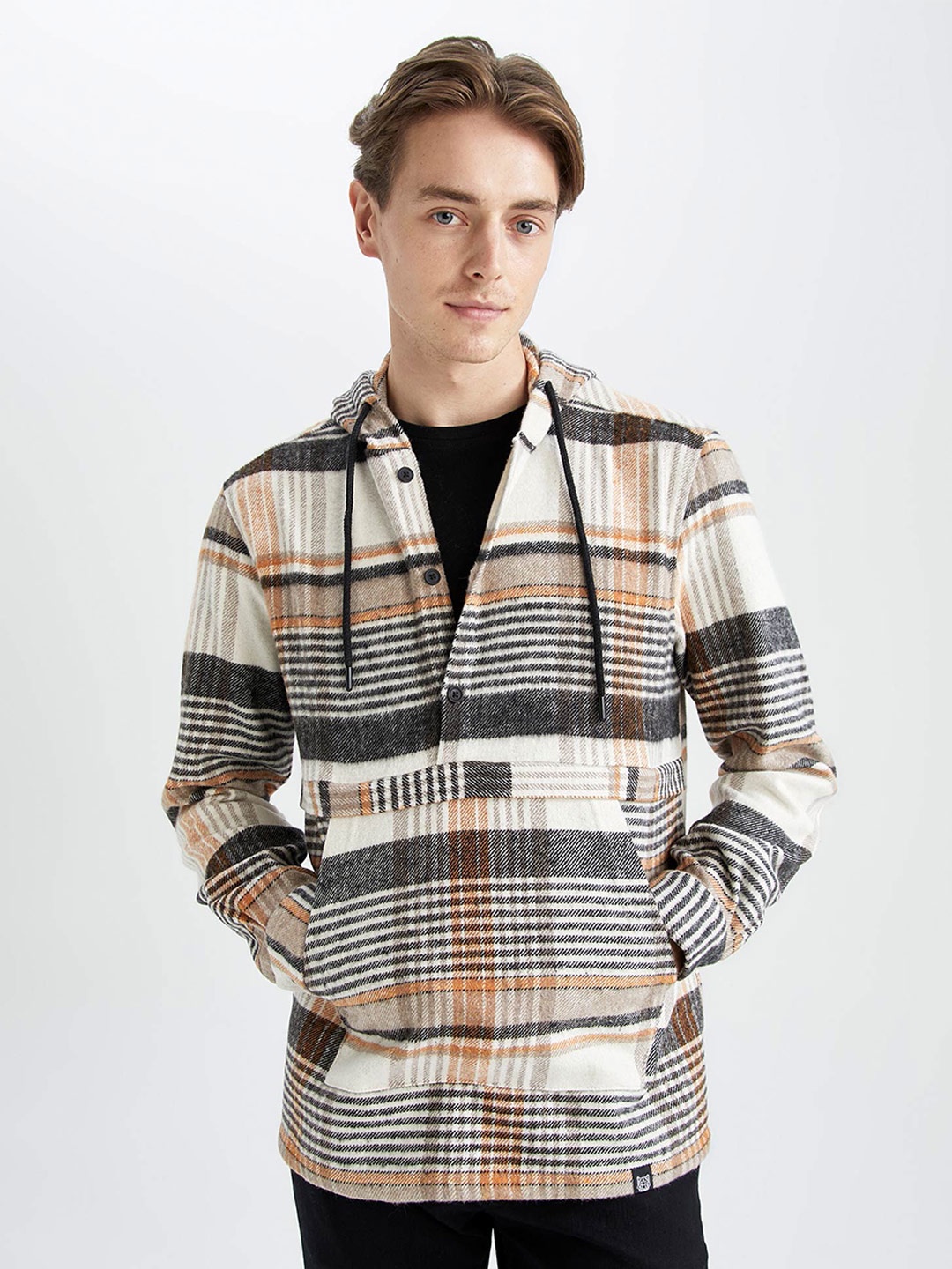 

DeFacto Men Beige Checked Hooded Cotton Sweatshirt