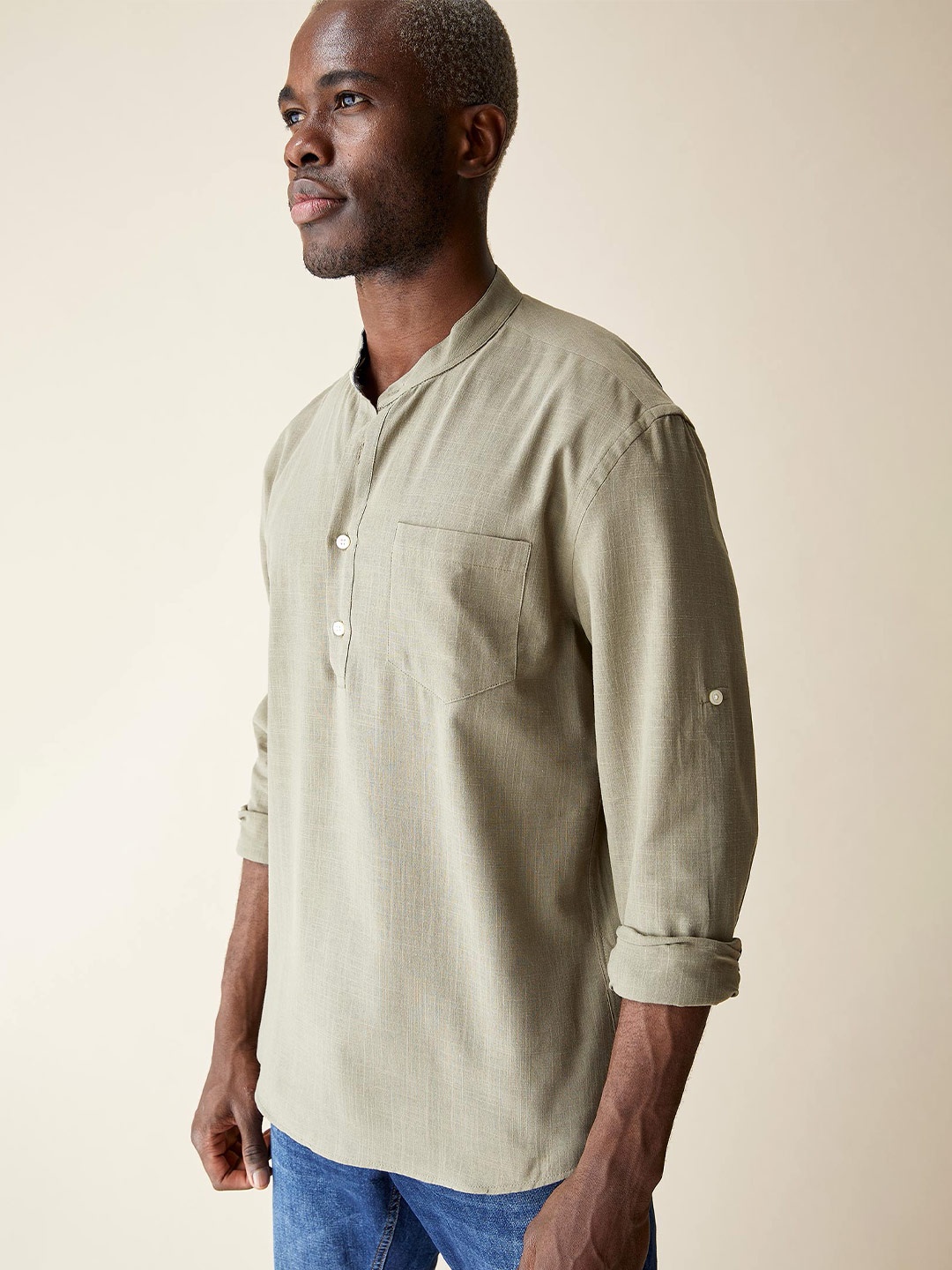 

DeFacto Mandarin Collar Cotton Casual Shirt, Grey