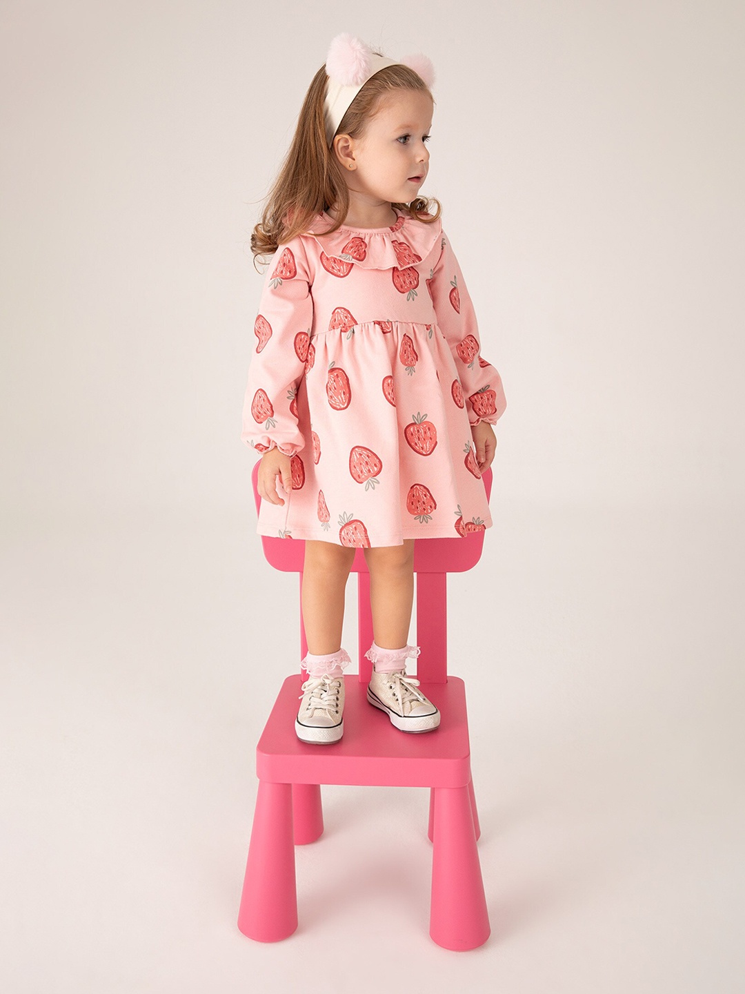

DeFacto Printed Round Neck Fit & Flare Cotton Dress, Pink