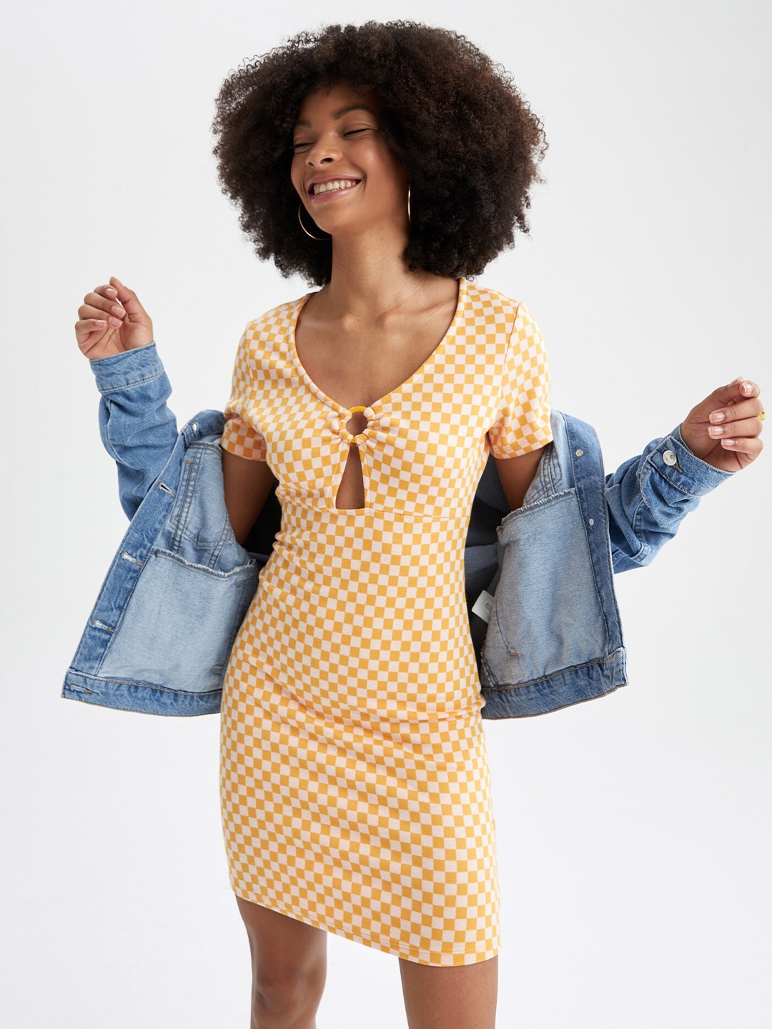 

DeFacto Women Orange Checked Bodycon Dress