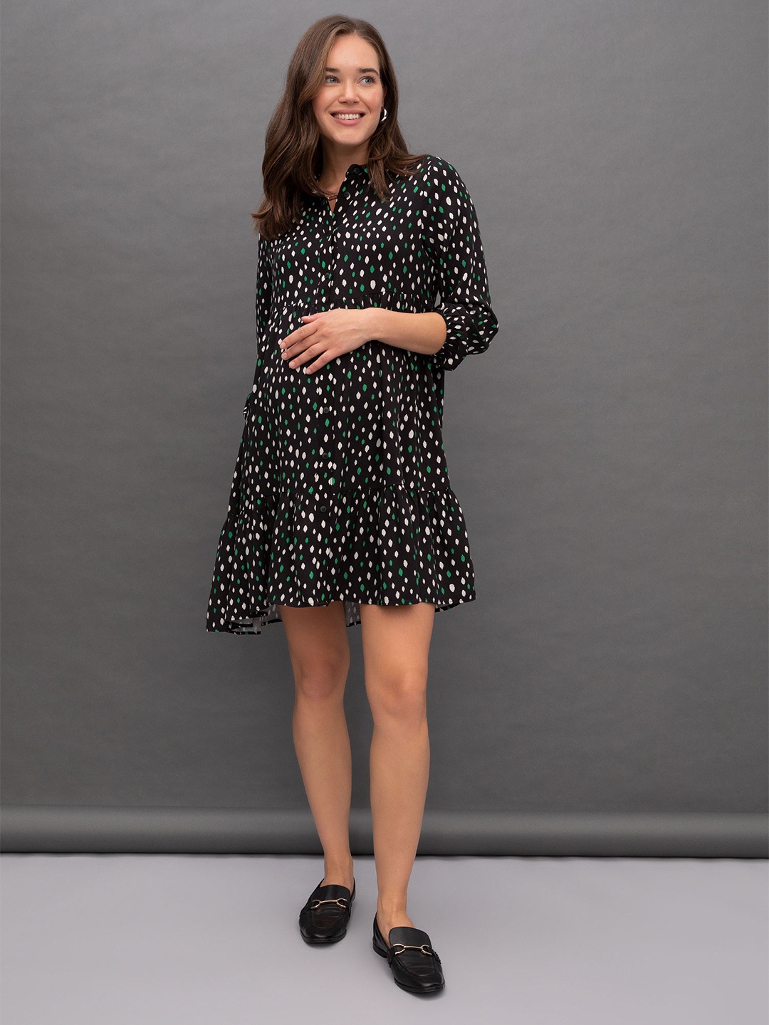 

DeFacto Geometric Printed Three-Quarter Sleeves Shirt Collar A-Line Dress, Black