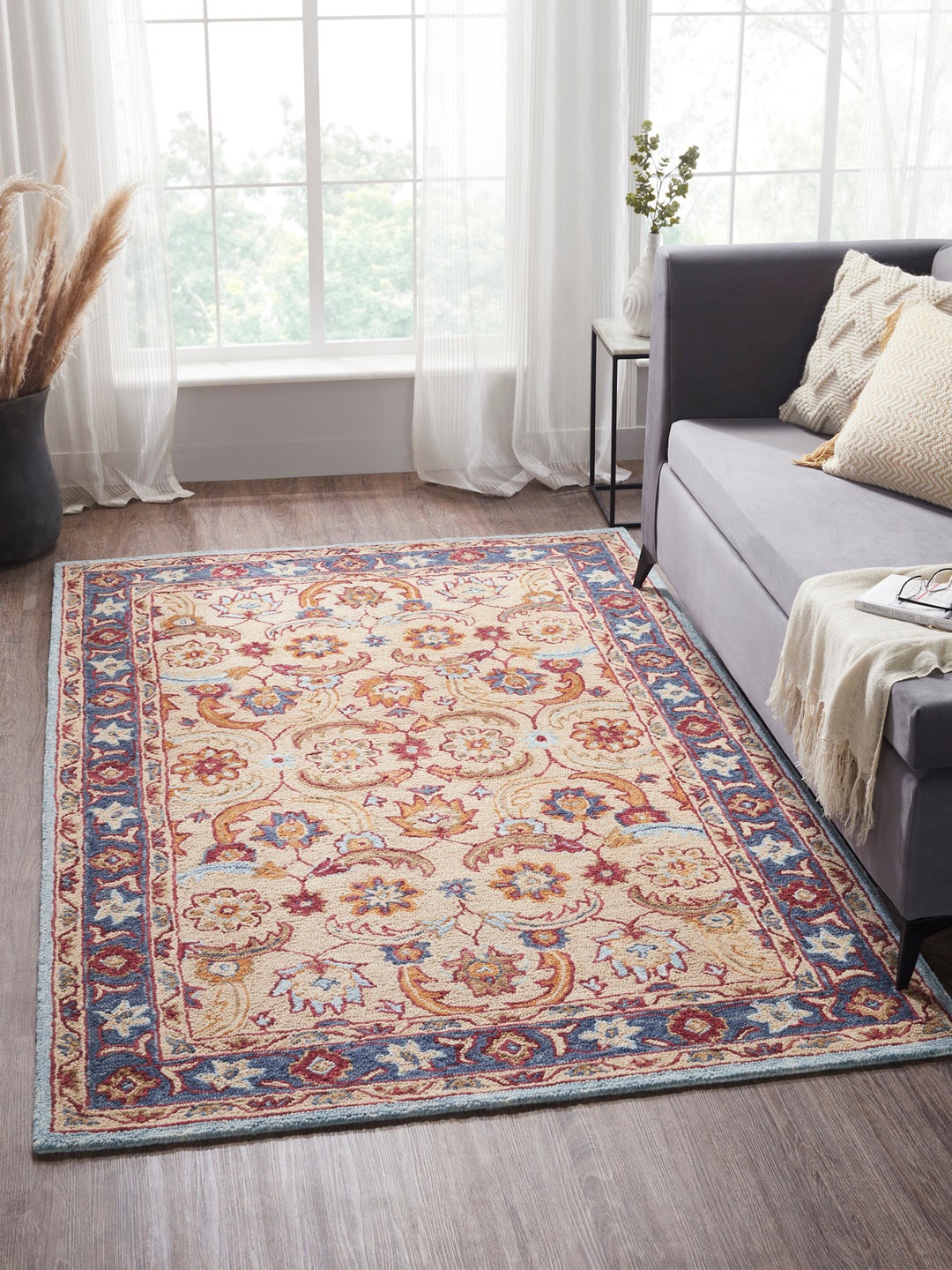 

MYTRIDENT Indulgence Beige Blue 2600 GSM Hand Tufted Pure Wool with Cotton Backing Rug
