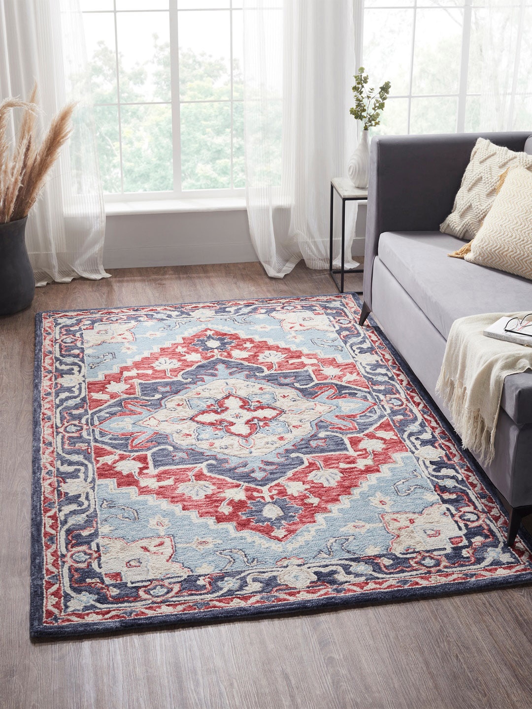 

MYTRIDENT Indulgence Blue Red 2600 GSM Hand Tufted 100% Wool with Cotton backing Rug