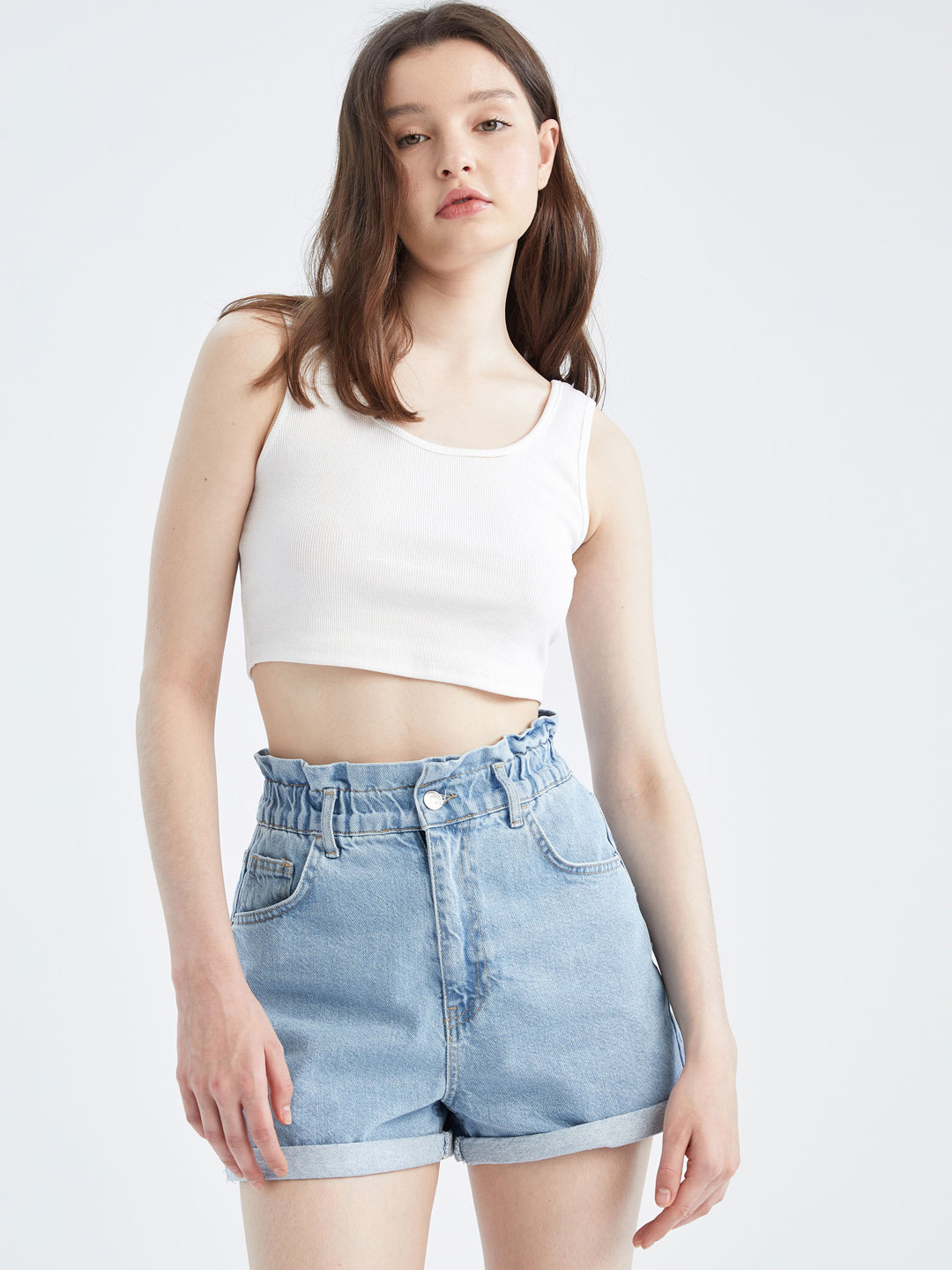 

DeFacto Women Blue Washed Cotton Denim Shorts