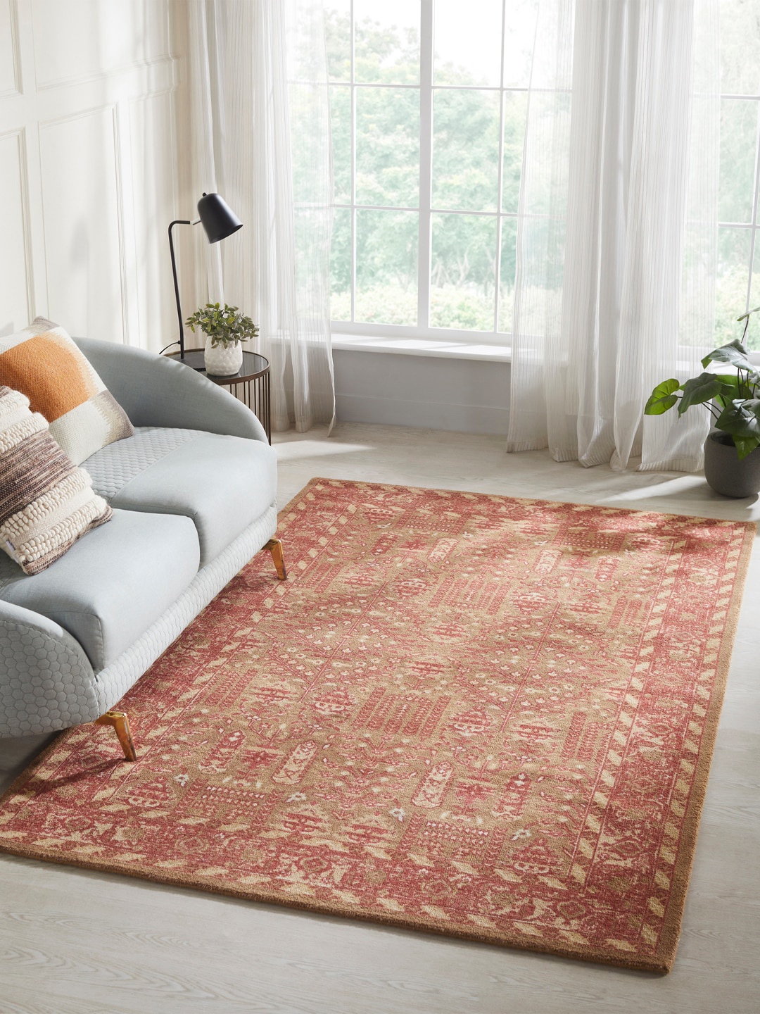 

MYTRIDENT Floral Printed Pure Wool with Cotton Backing-3000 GSM Carpet, Red