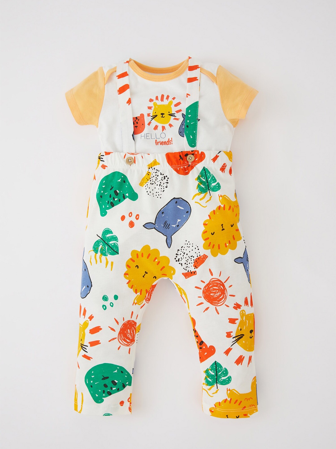 

DeFacto Boys White & Yellow Printed Pure Cotton T-shirt with Trousers