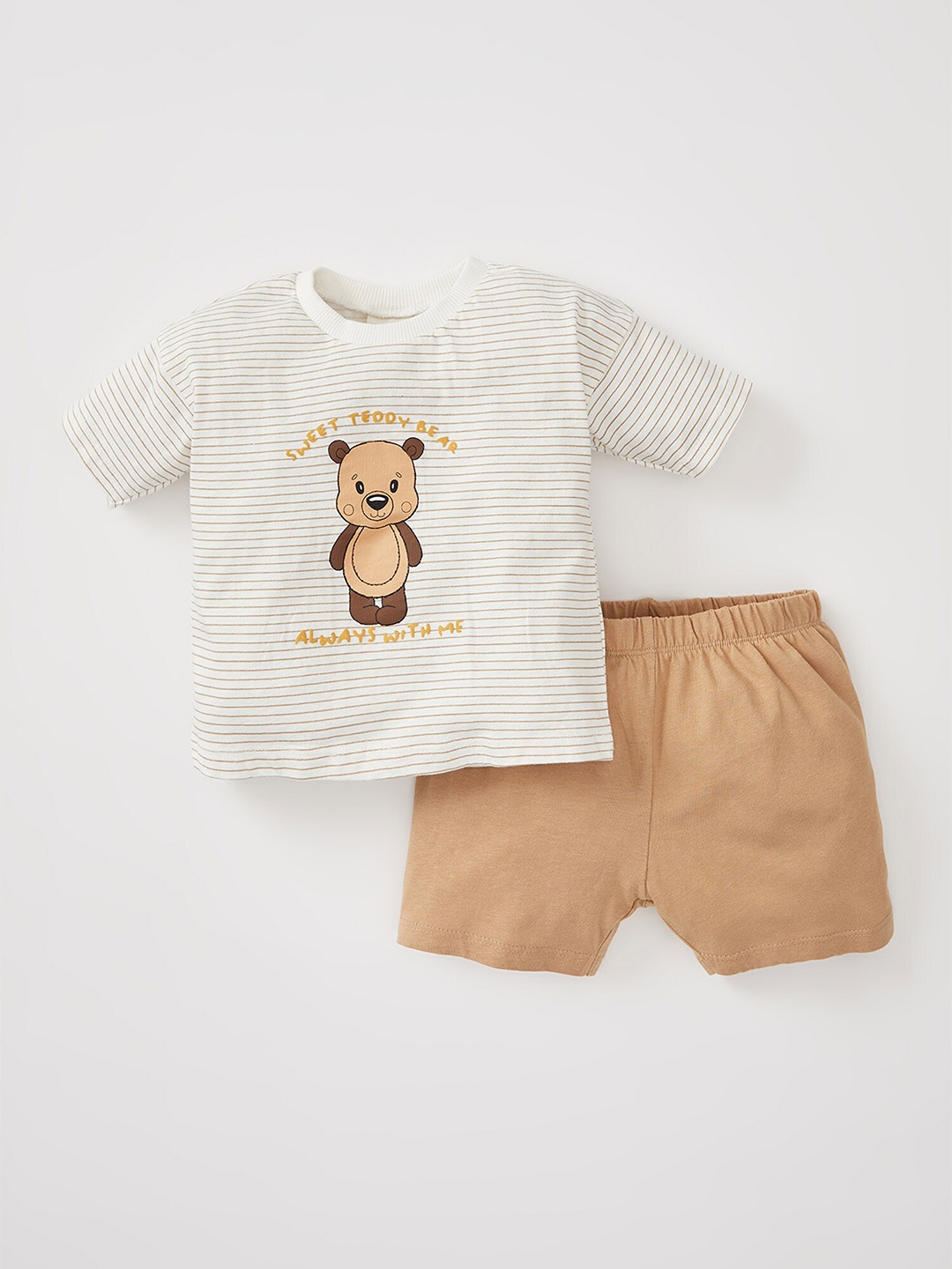 

DeFacto Boys White & Brown Pure Cotton Striped T-shirt with Shorts