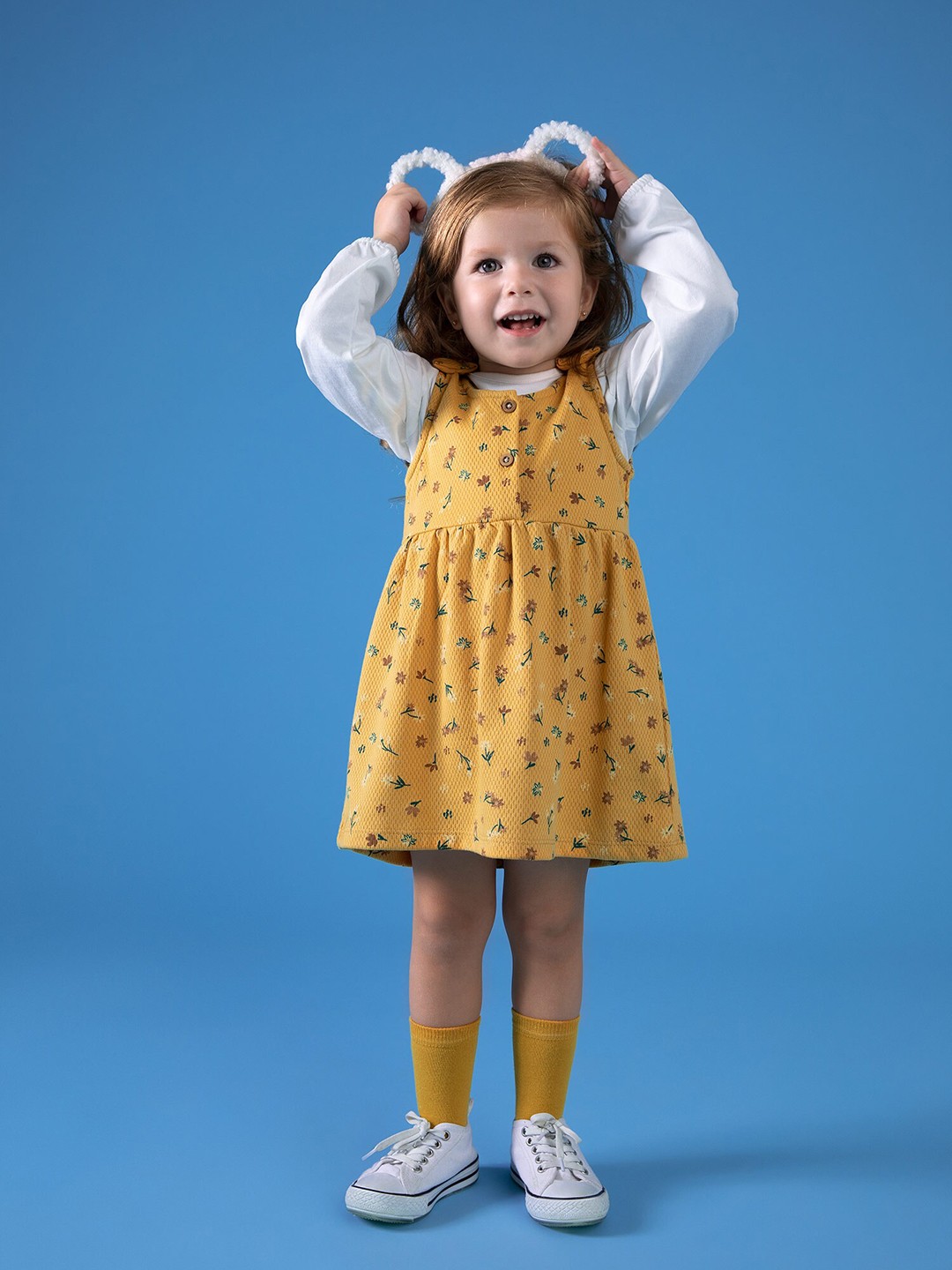

DeFacto Girls Yellow & White Printed Pure Cotton Top with Skirt