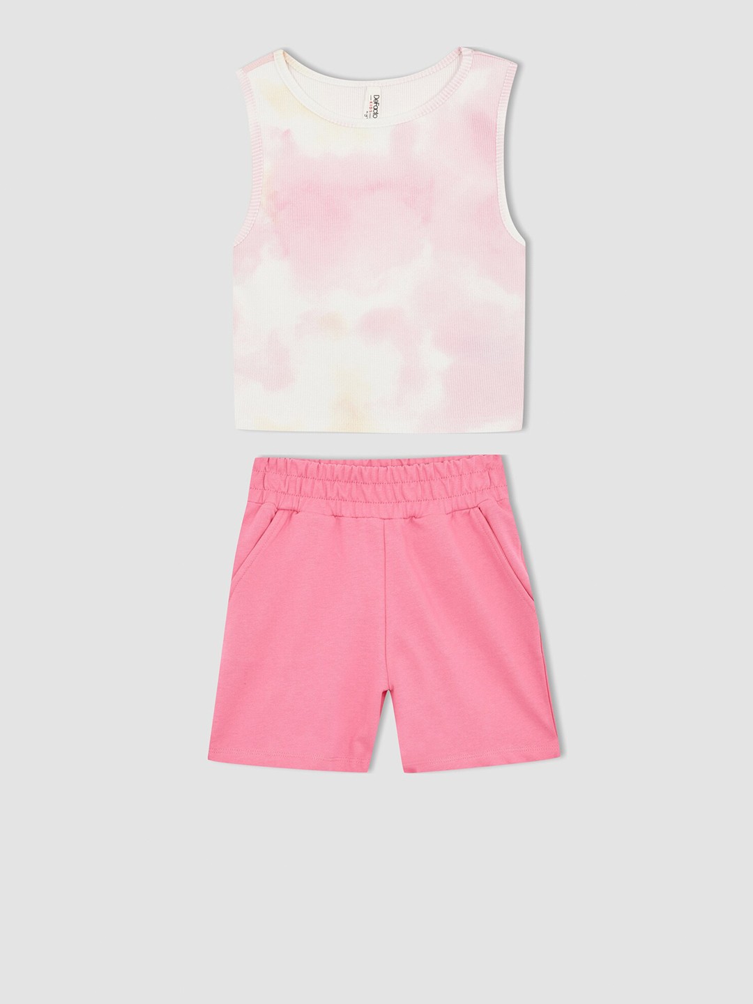 

DeFacto Girls Pink & White Pure Cotton Printed T-shirt with Shorts
