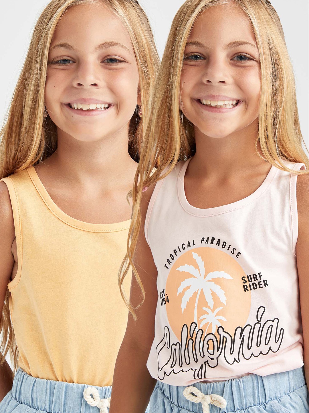 

DeFacto Pack Of 2 Pink & Yellow Printed Pure Cotton Top