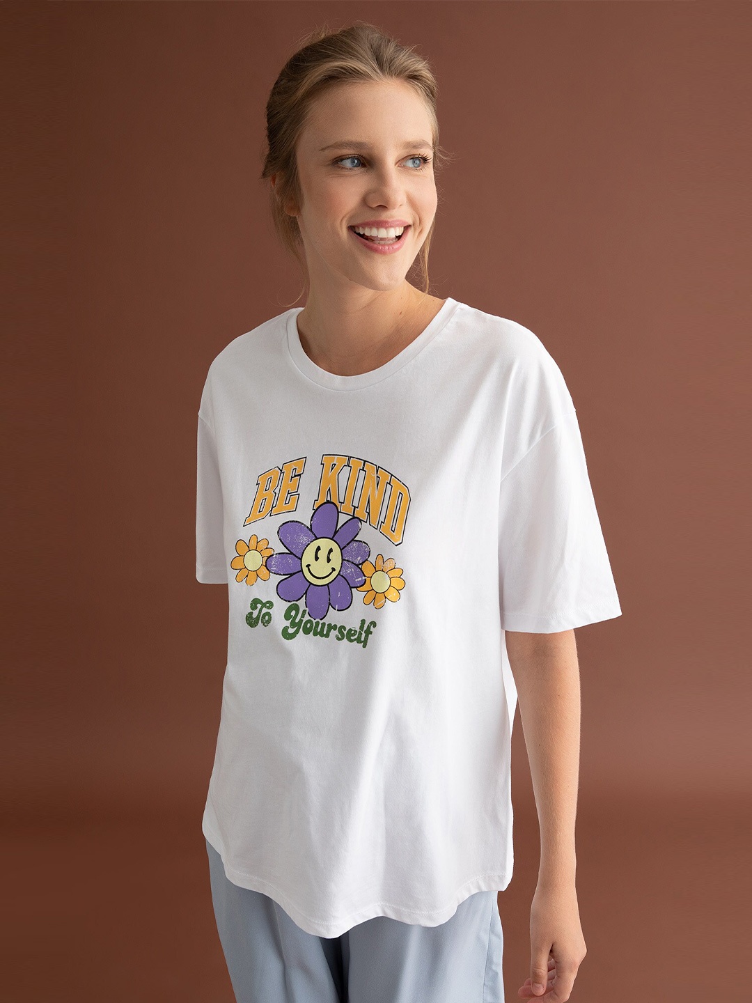 

DeFacto White & Purple Pure Cotton Printed Top