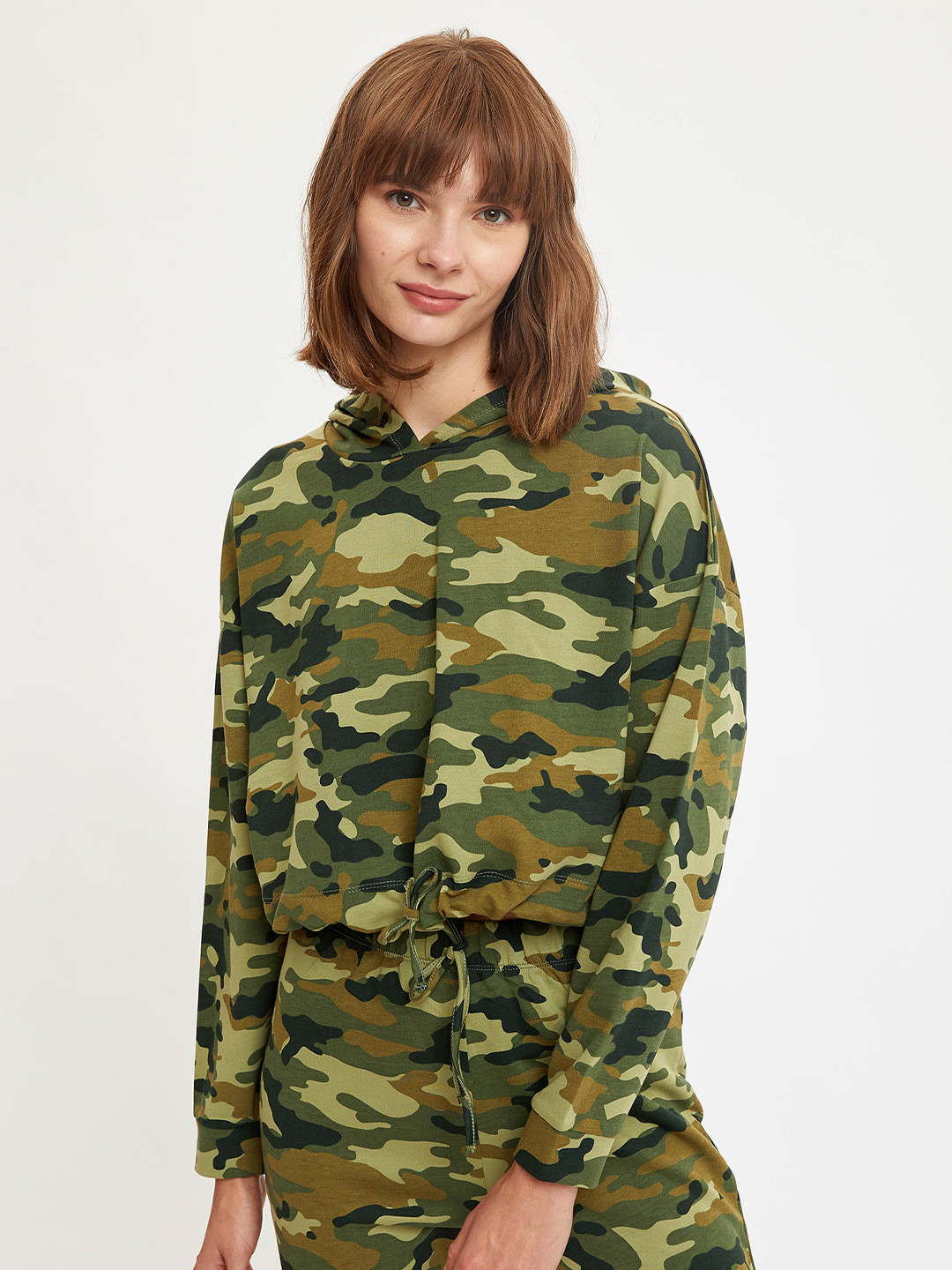 

DeFacto Green & Olive Green Pure Cotton Print Shirt Style Crop Top