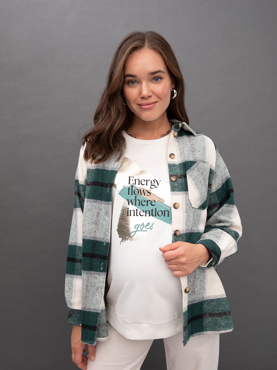 

DeFacto Green & White Pure Cotton Printed Maternity Top