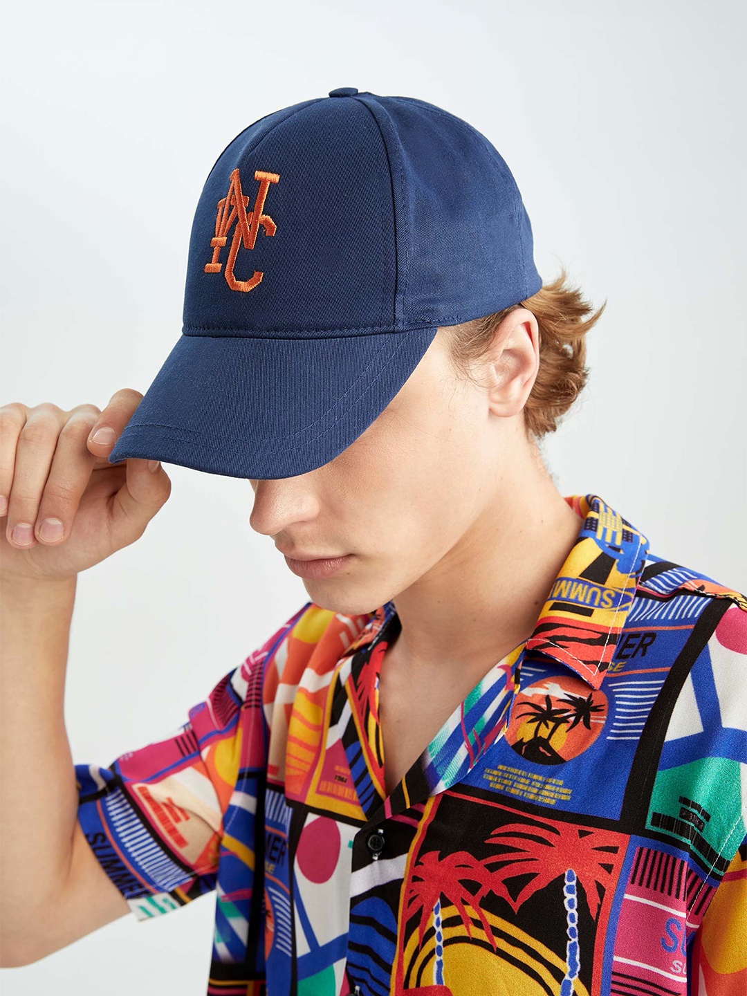 

DeFacto Men Blue & Orange Embroidered Snapback Cotton Cap