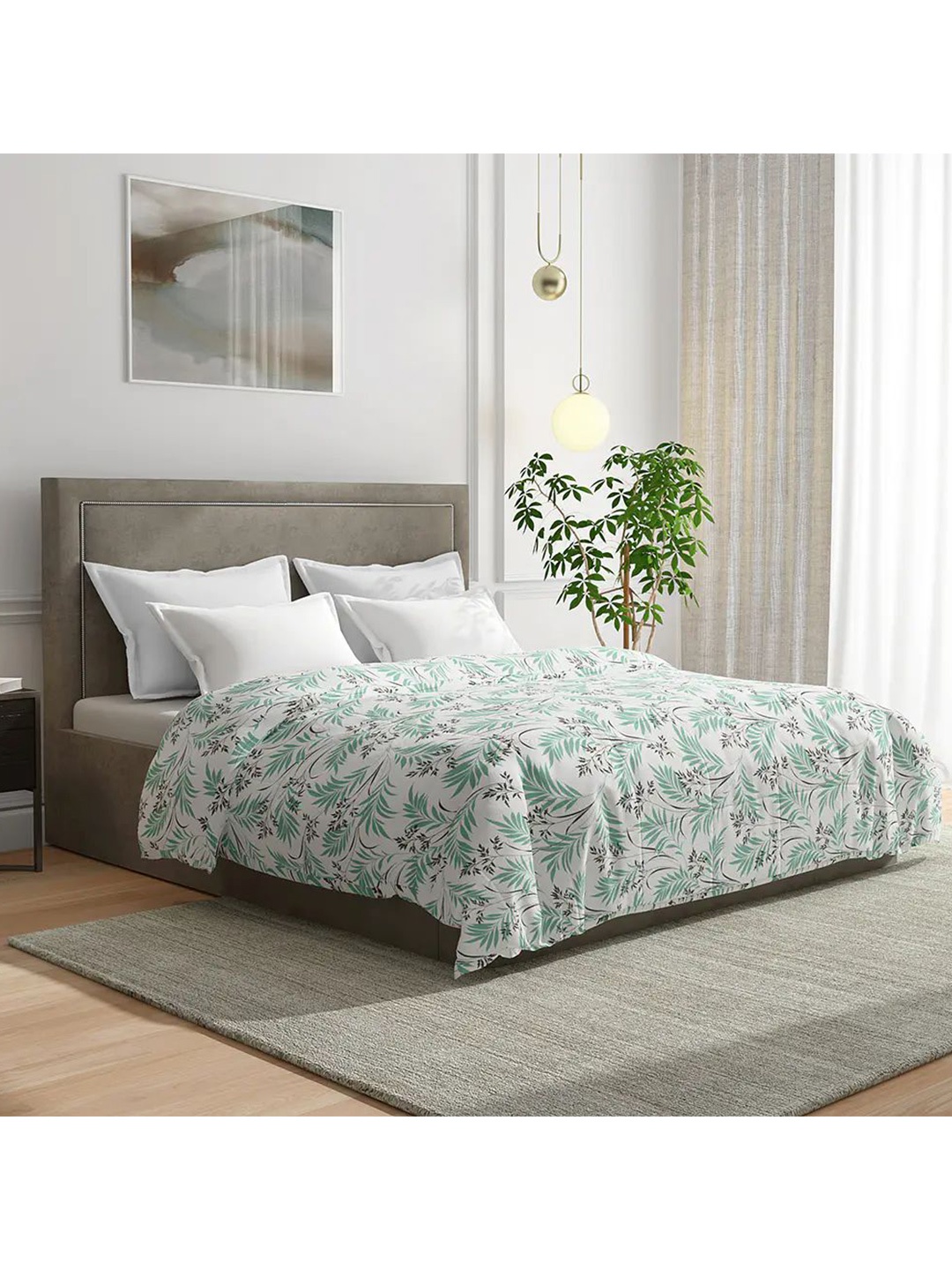 

wakefit White & Sea Green Floral Mild Winter 210 GSM Cotton Single Bed Comforter