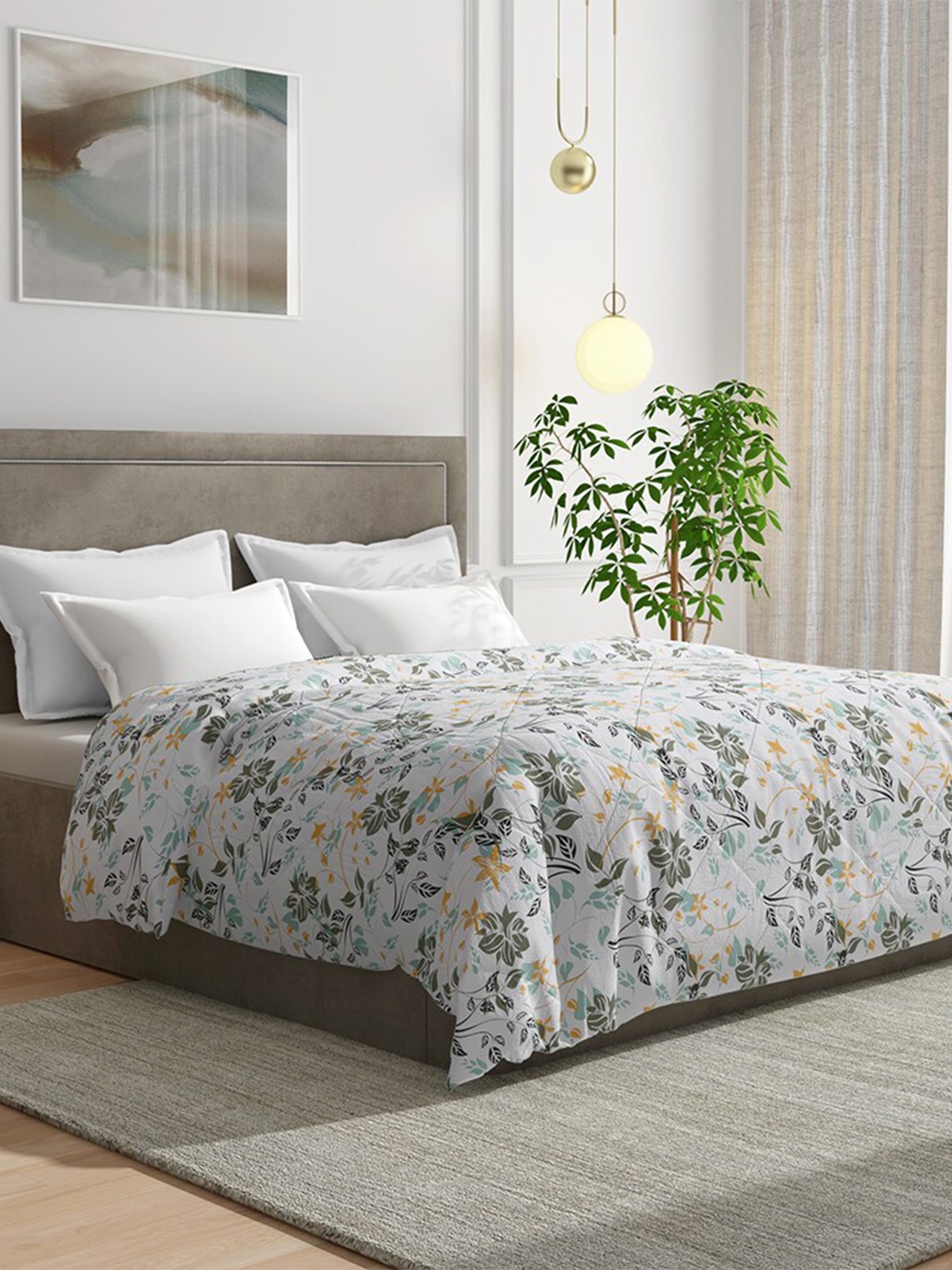 

wakefit White & Green Floral Mild Winter 210 GSM Cotton Single Bed Comforter