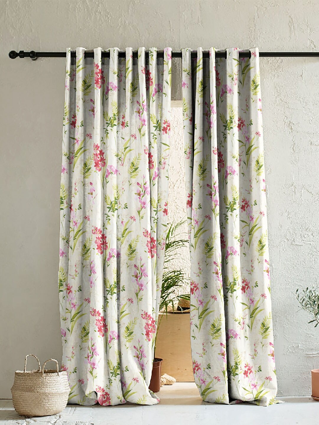 

SPACES Set of 2 White & Pink Floral Room Darkening Long Door Curtain