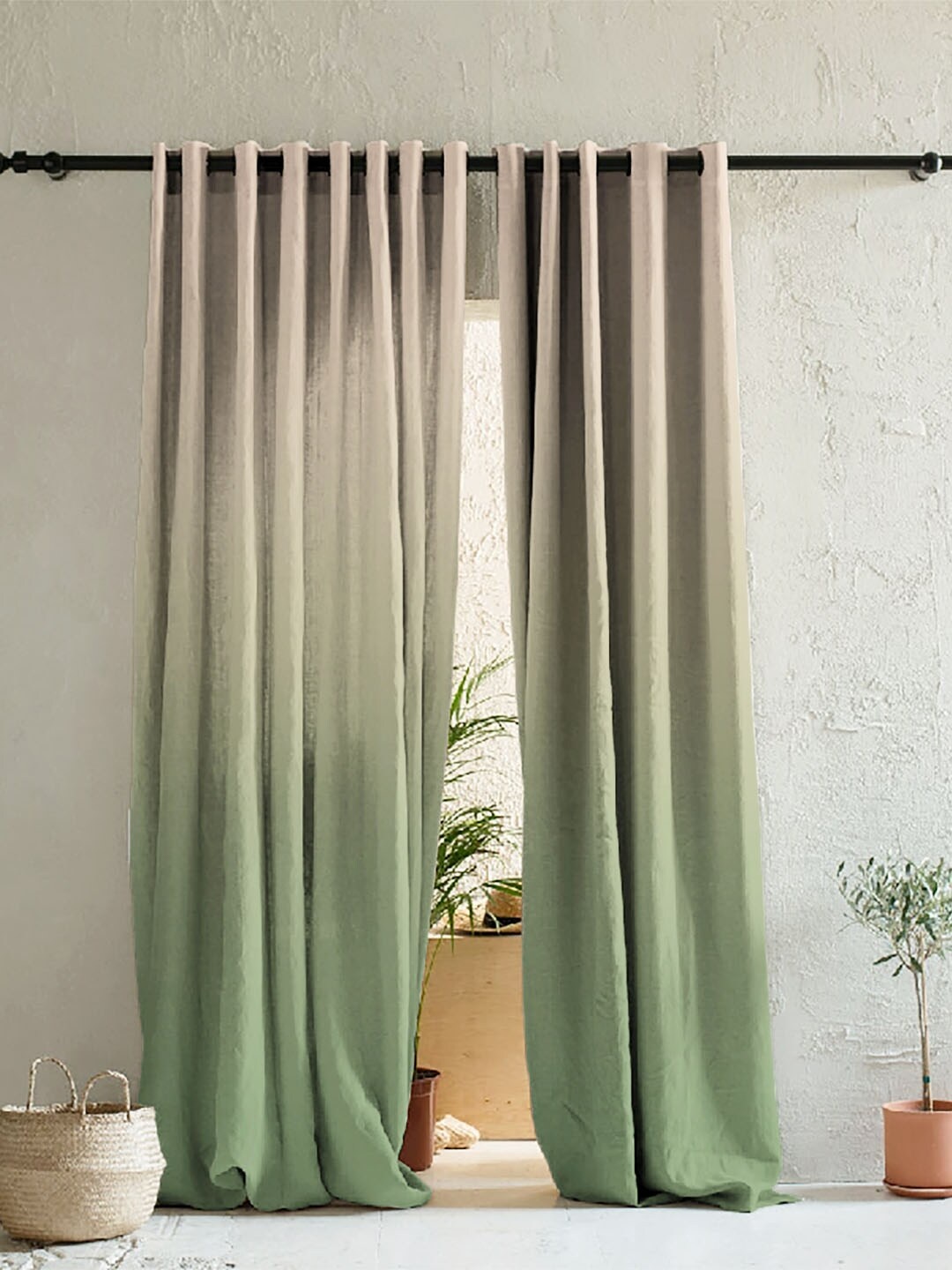

SPACES Set of 2 Green & Peach-Coloured Room Darkening Long Door Curtain