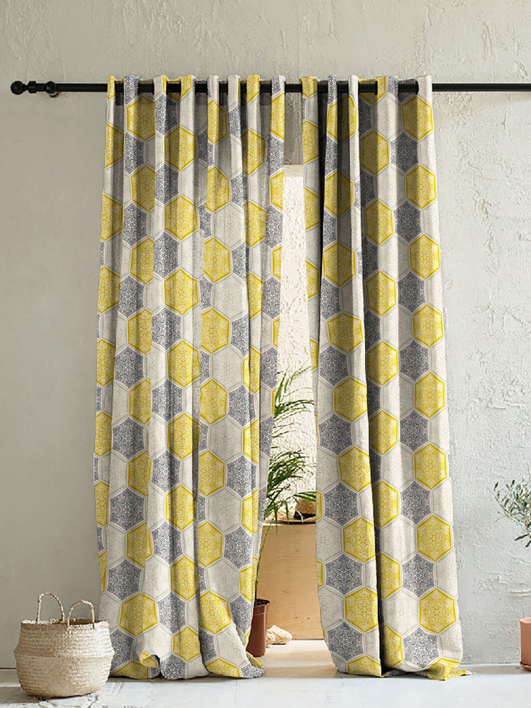 

SPACES Set of 2 White & Yellow Geometric Room Darkening Door Curtains