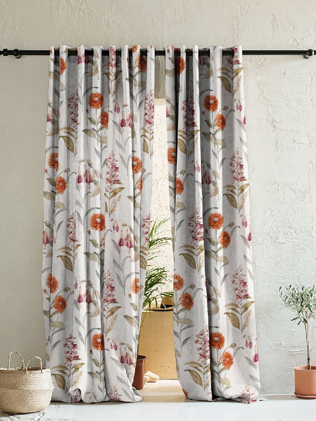 

SPACES White & Orange Set of 2 Floral Room Darkening Long Door Curtains