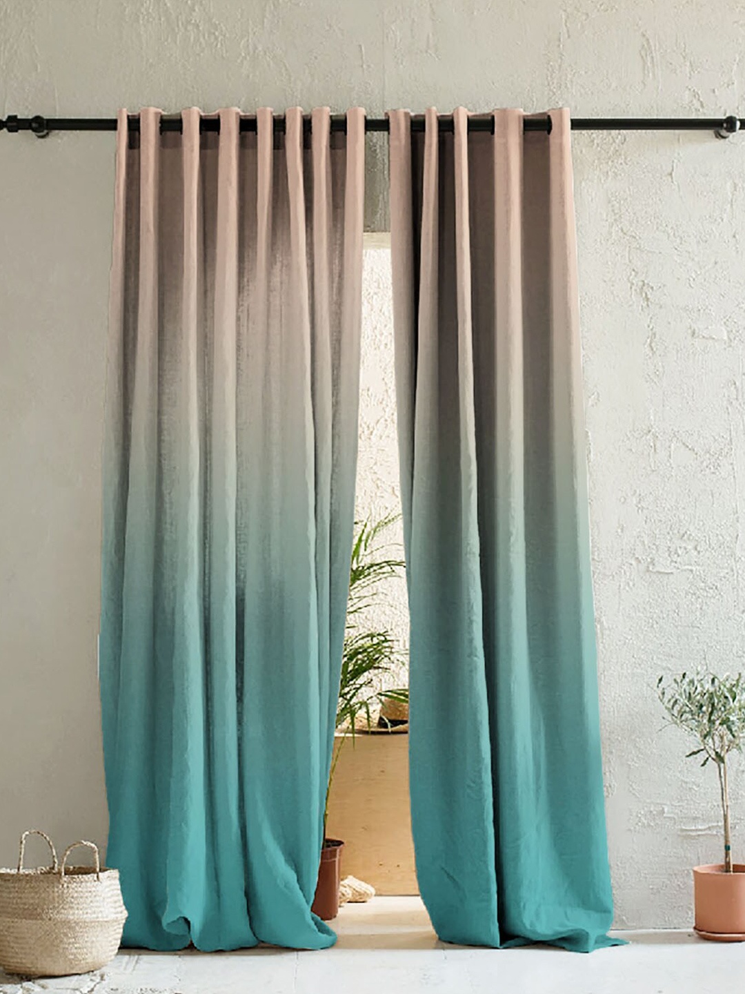 

SPACES Teal Blue & Peach-Coloured Set of 2 Ombre Room Darkening Door Curtains