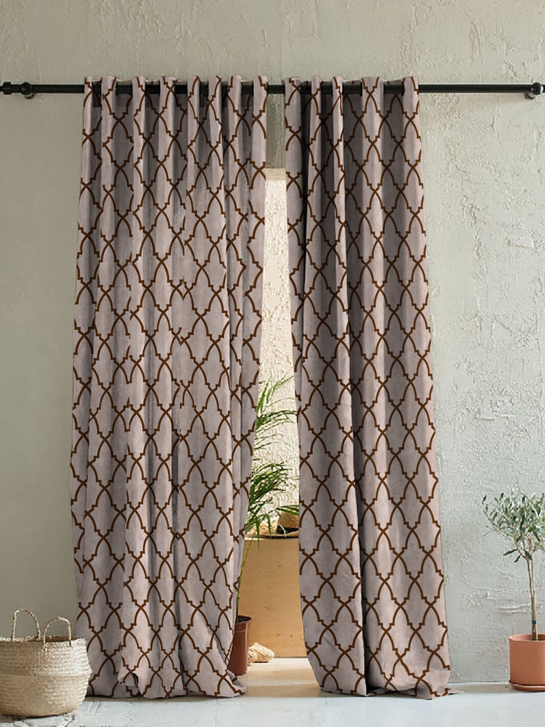

SPACES Pink & Brown Set of 2 Geometric Room Darkening Long Door Curtains