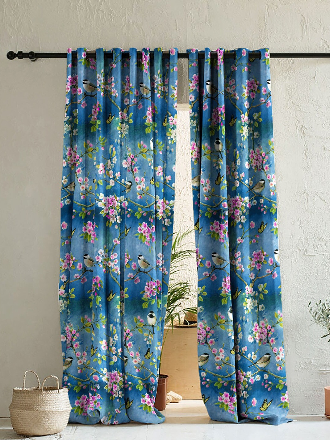 

SPACES Blue & Pink Set of 2 Floral Room Darkening Long Door Curtains