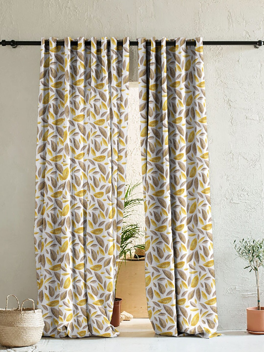 

SPACES Off White & Mustard Set of 2 Floral Room Darkening Door Curtains